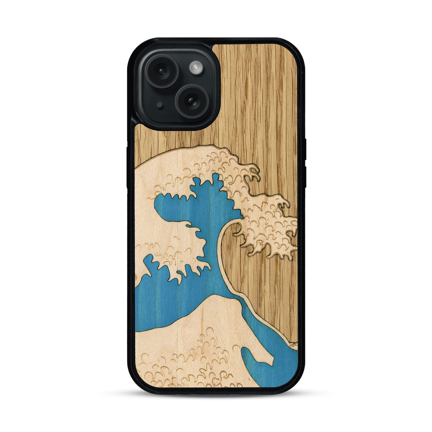 Coque de protection en bois véritable fabriquée en France pour  alliant plusieurs essences de bois pour représenter la célèbre grande vague de Kanagawa