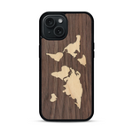 Coque de protection en bois véritable fabriquée en France pour  alliant du bambou et du noyer sur le thème du voyage et de l'aventure représentant une mappemonde