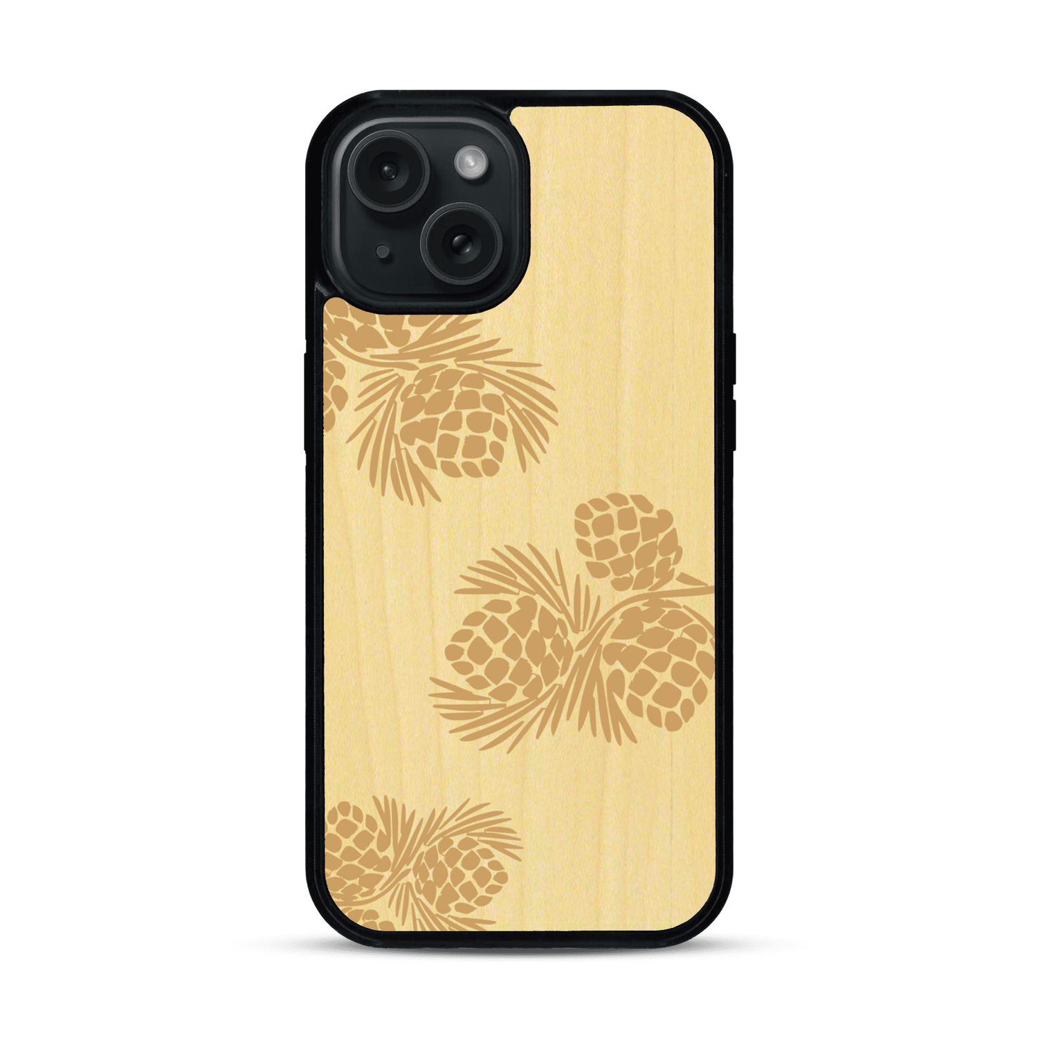 Coque de protection en bois véritable fabriquée en France pour  sur le thème de la nature des arbres avec un motif de gravure représentant des épines de sapin et des pommes de pin