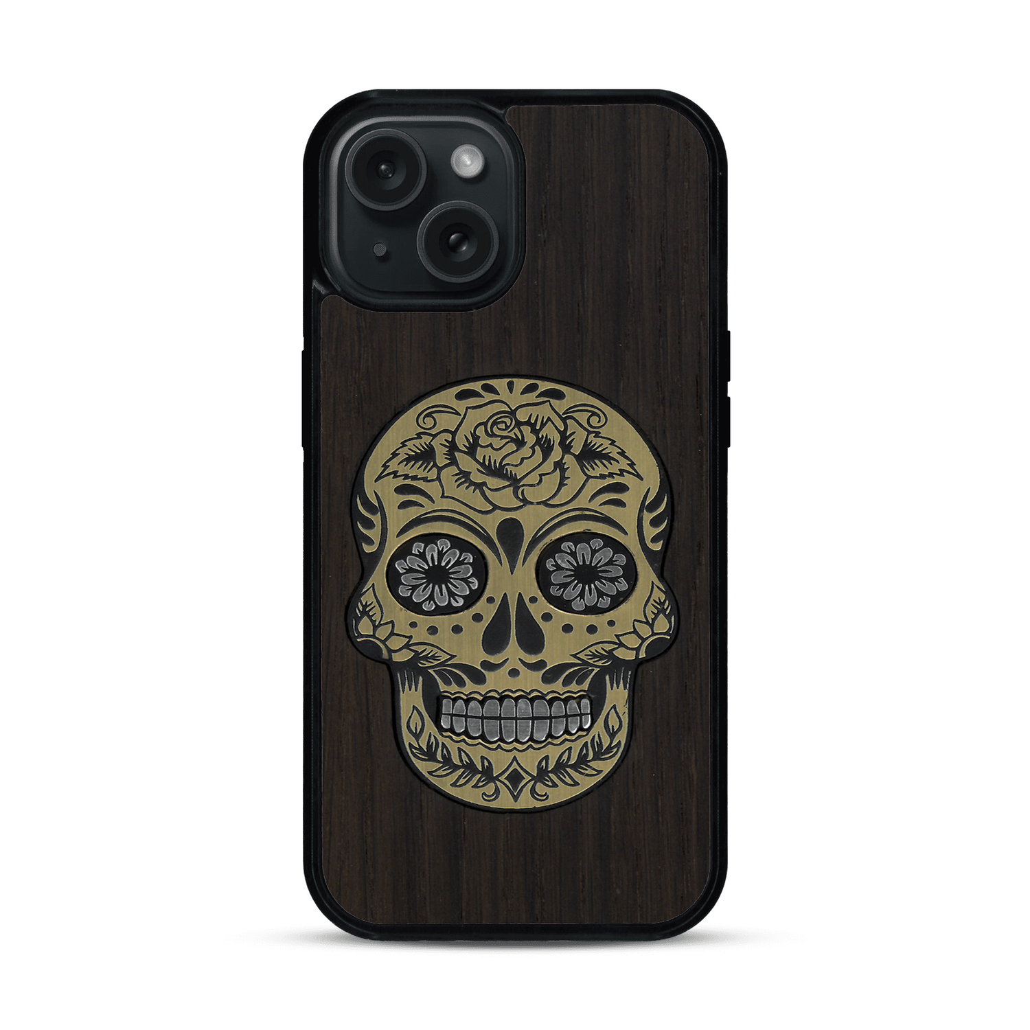 Coque de protection en bois véritable fabriquée en France pour  alliant du chêne fumé avec du métal argenté et doré représentant une tête de mort mexicaine sur le thème Dia de los Muertos