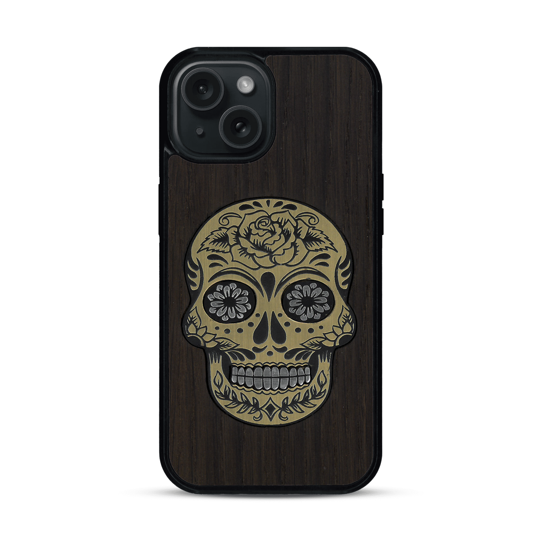Coque de protection en bois véritable fabriquée en France pour  alliant du chêne fumé avec du métal argenté et doré représentant une tête de mort mexicaine sur le thème Dia de los Muertos