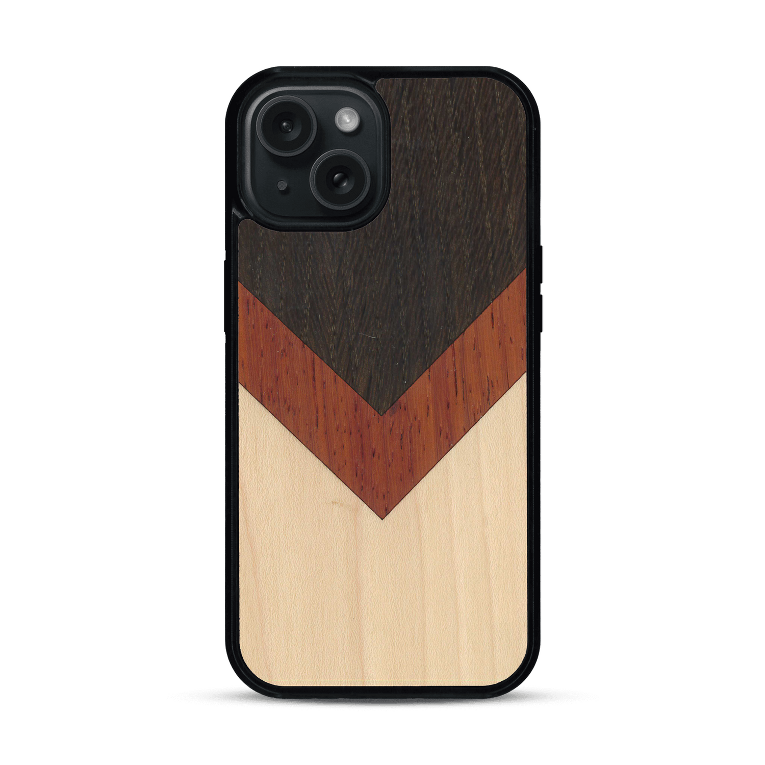 Coque de protection en bois véritable fabriquée en France pour  alliant du chêne fumé, du padouk et du bambou en forme de chevron sur le thème de l'art abstrait