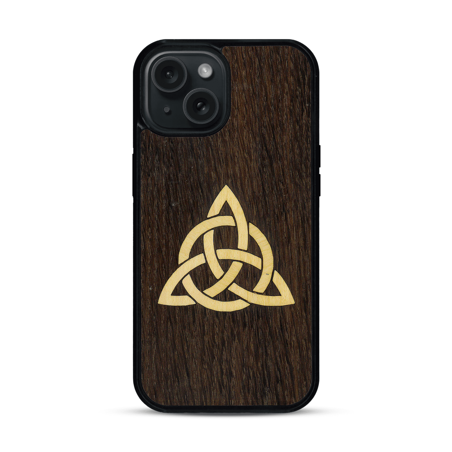 Coque de protection en bois véritable fabriquée en France pour  alliant du chêne fumé et du bambou représentant une triquetra