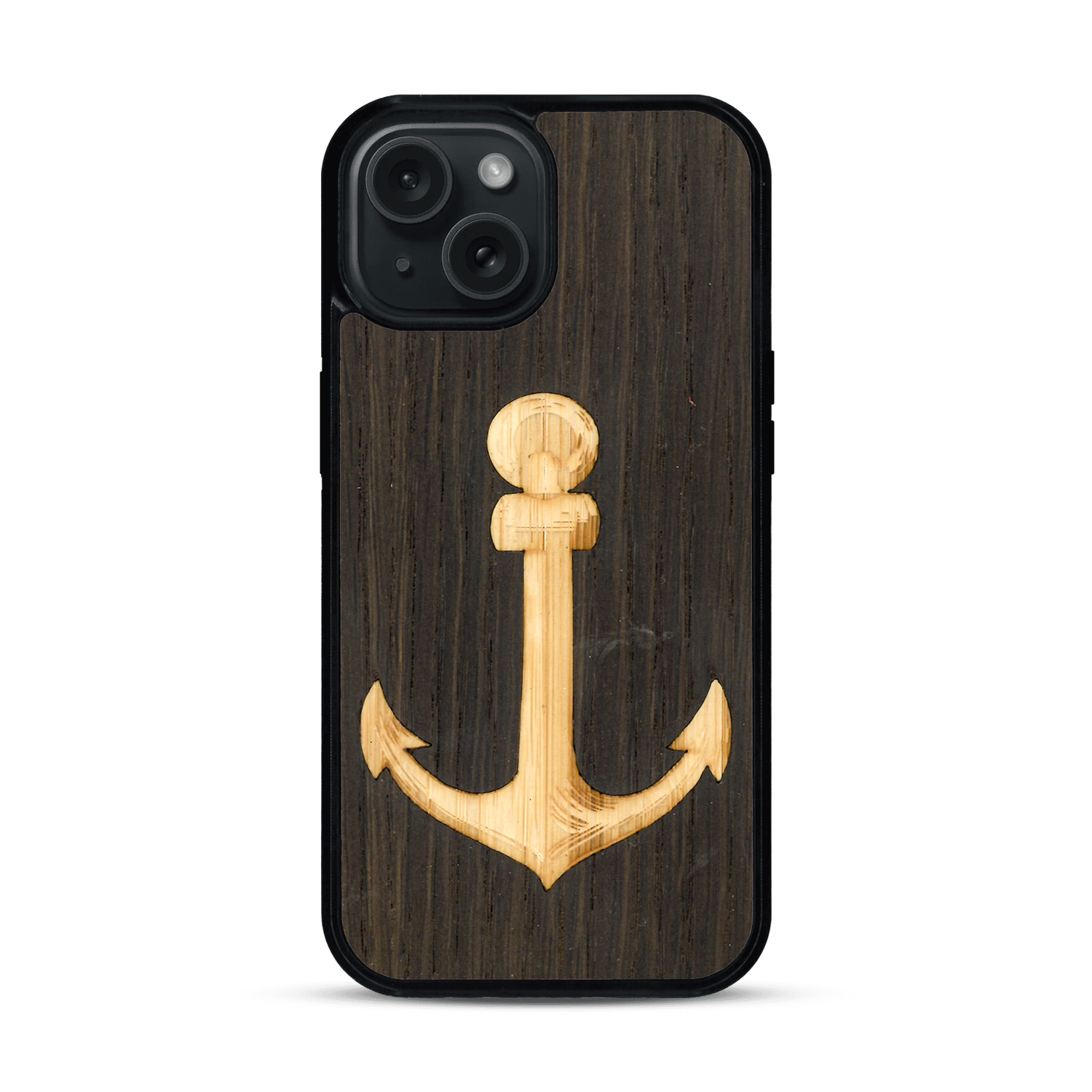 Coque de protection en bois véritable fabriquée en France pour  sur le thème nautique avec un bois clair et un bois foncé représentant une ancre de bateau