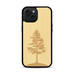 Coque de protection en bois véritable fabriquée en France pour  sur le thème de la nature, de la fôret et de l'écoresponsabilité avec une gravure représentant un arbre 