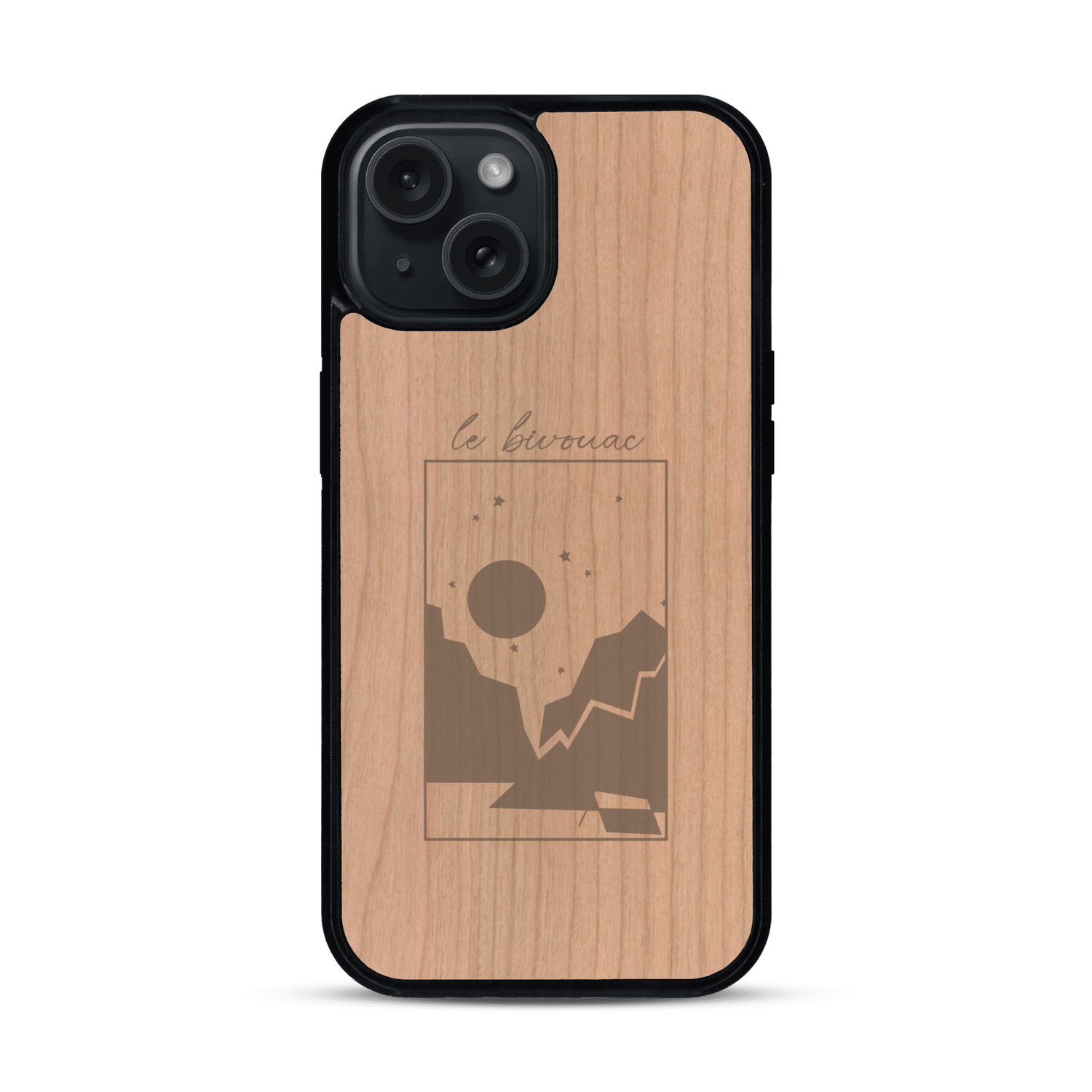 Coque de protection en bois véritable fabriquée en France pour  sur le thème du camping en pleine nature et du bivouac avec la phrase "Aventure is out there"