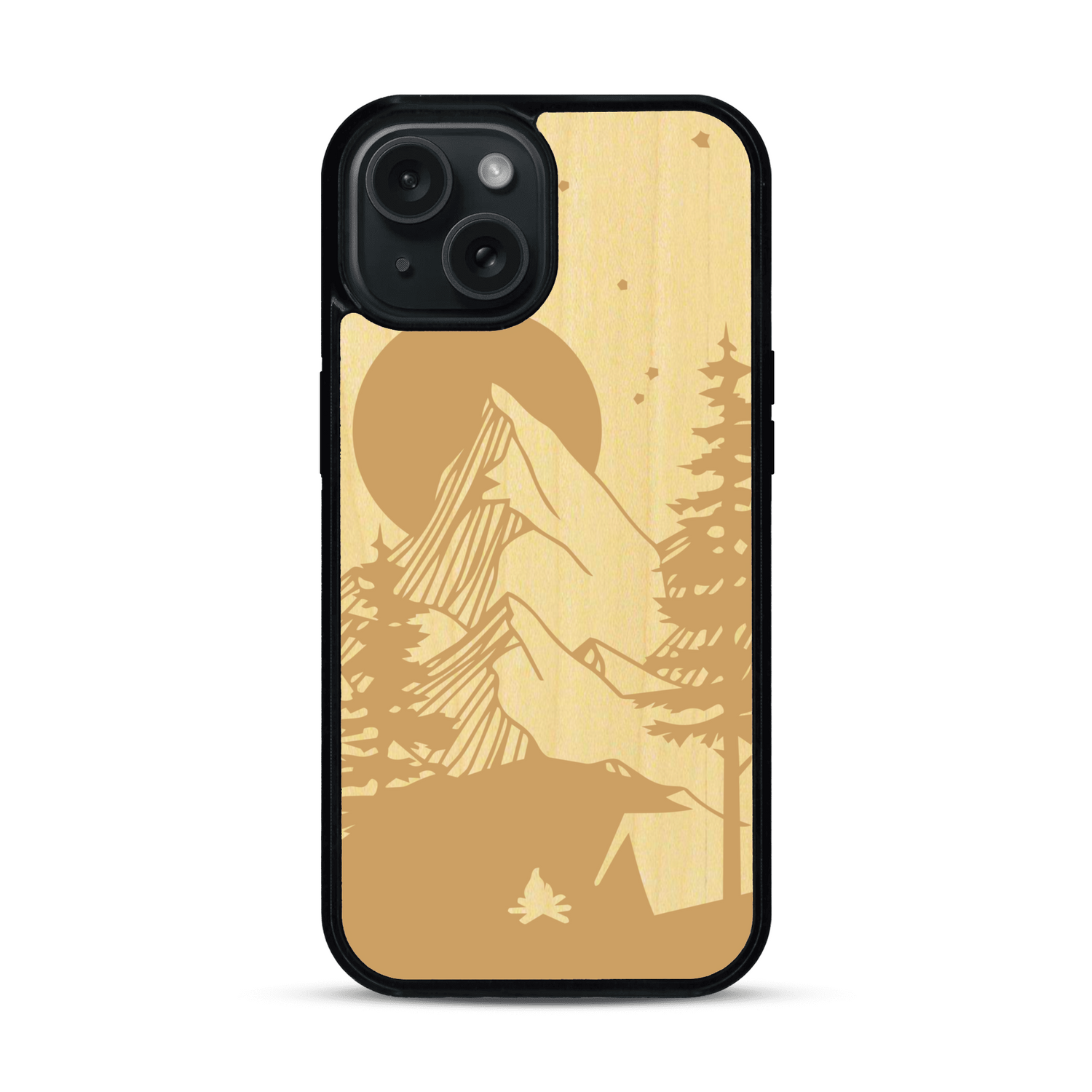 Coque de protection en bois véritable fabriquée en France pour  sur le thème du camping en pleine nature représentant une tente avec un feu de camp entouré de montagnes