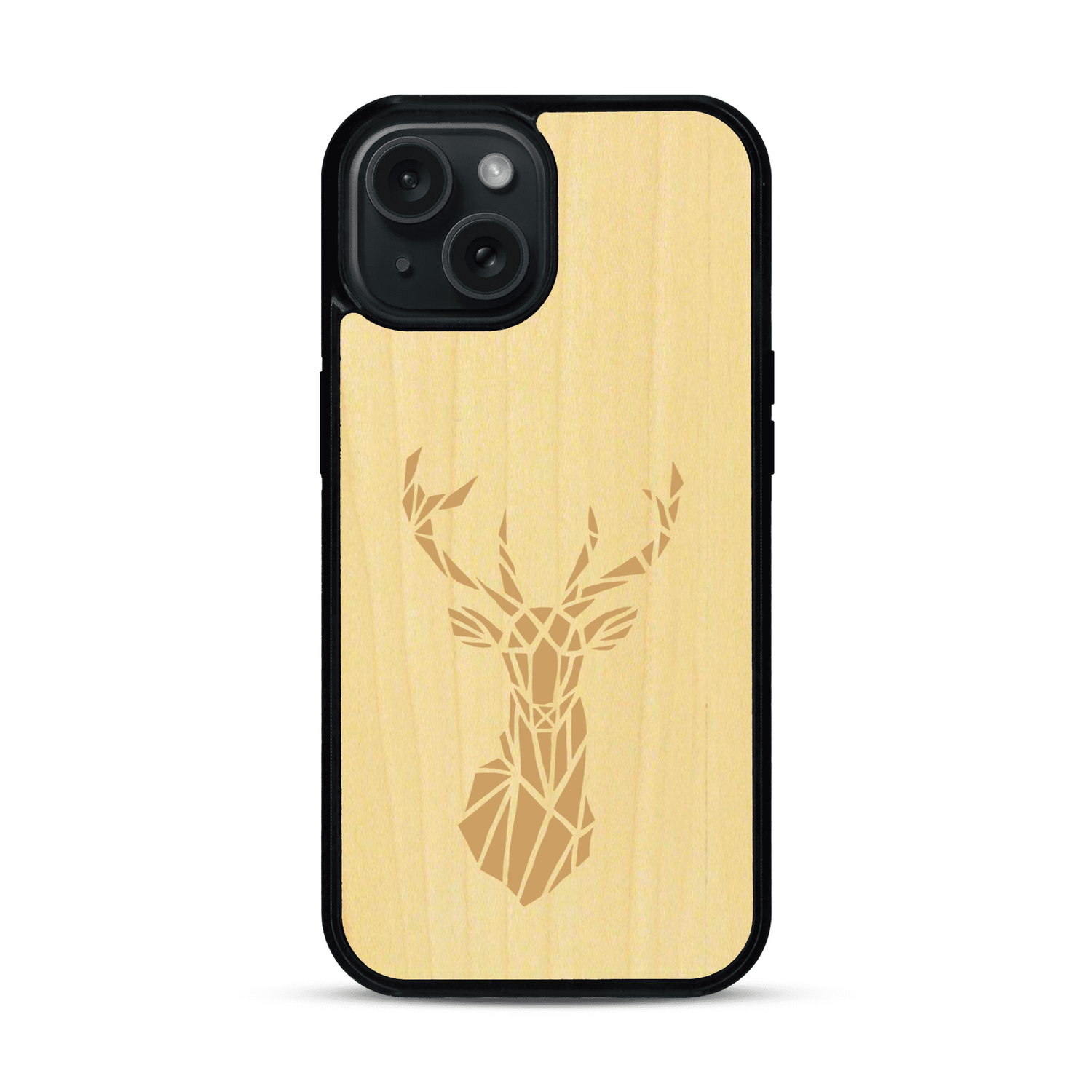 Coque de protection en bois véritable fabriquée en France pour  sur le thème de la nature et des animaux représentant une tête de cerf gométrique avec un design moderne et minimaliste