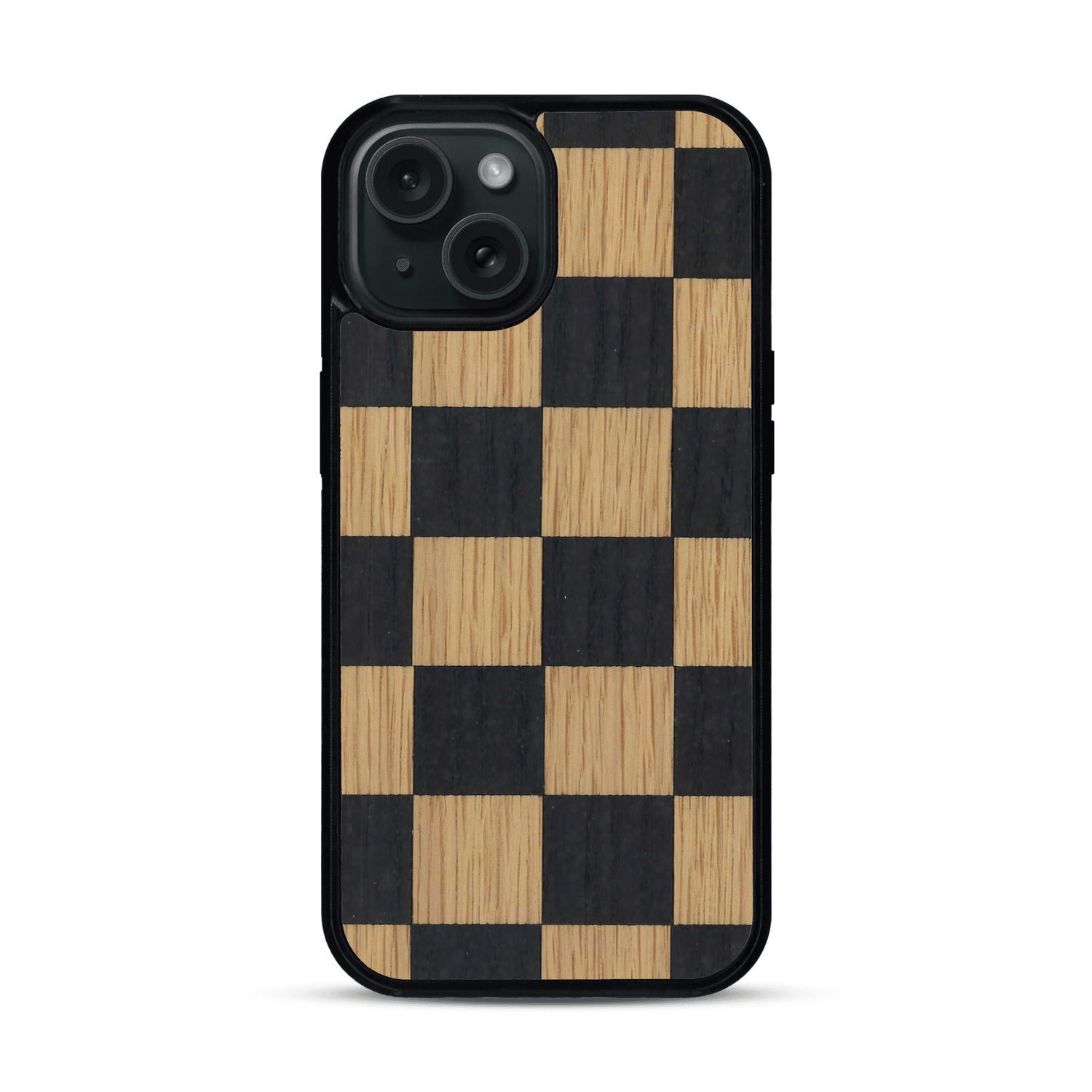 Coque de protection en bois véritable fabriquée en France pour  alliant plusieurs essences de bois pour représenter un damier