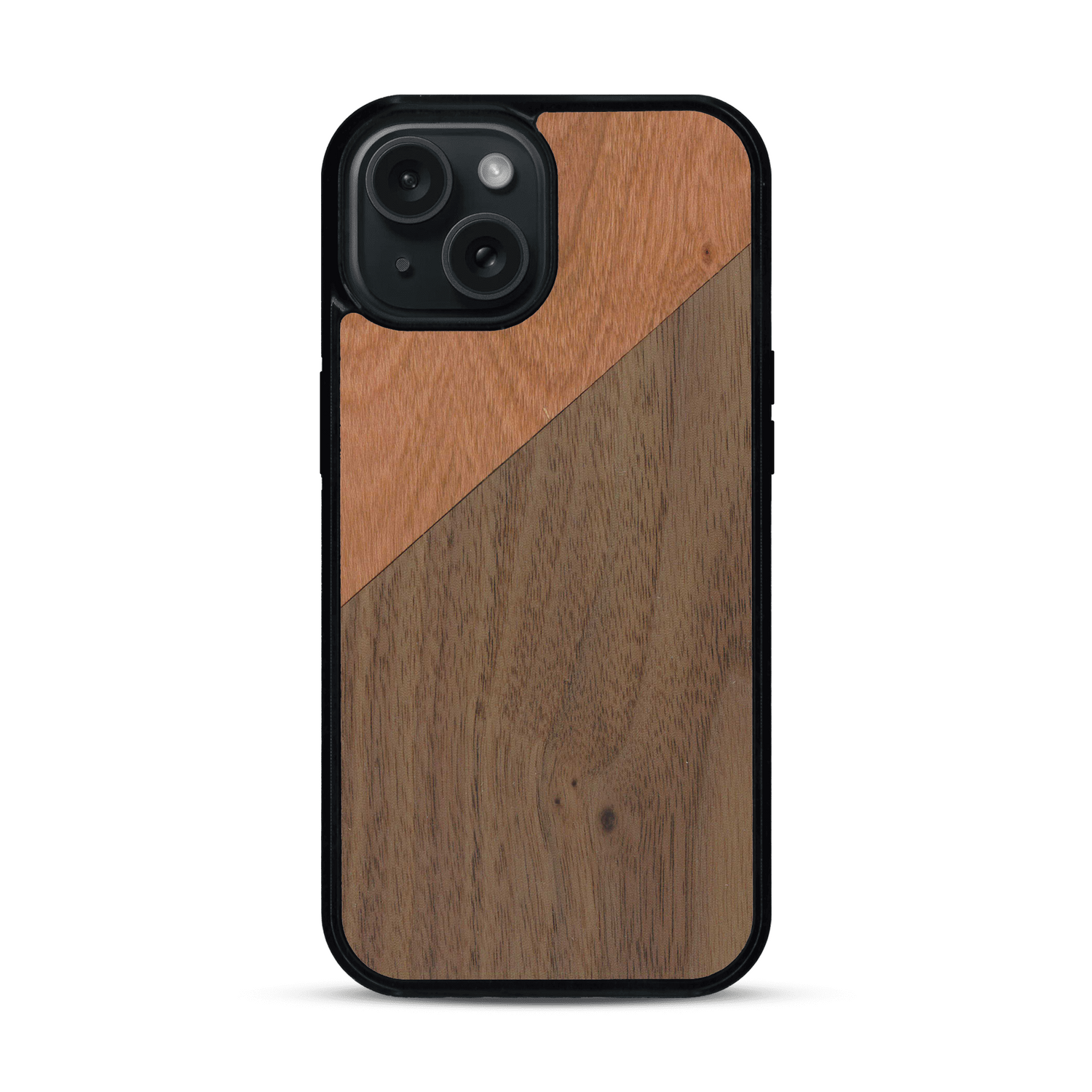 Coque de protection en bois véritable fabriquée en France pour  alliant du merisier et du noyer formant chacun un triangle avec une jointure en diagonale sur le thème de l'art abstrait