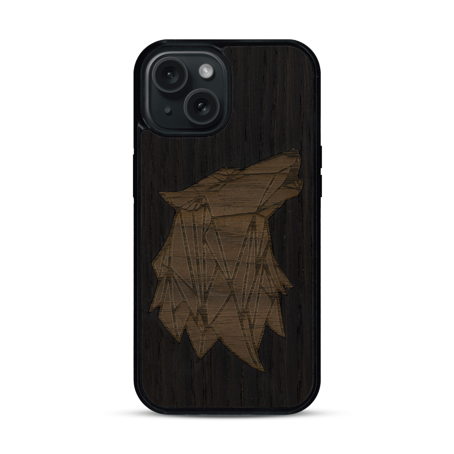 Coque de protection en bois véritable fabriquée en France pour  alliant du chêne fumé et du noyer représentant une tête de loup géométrique de profil sur le thème des animaux et de la nature