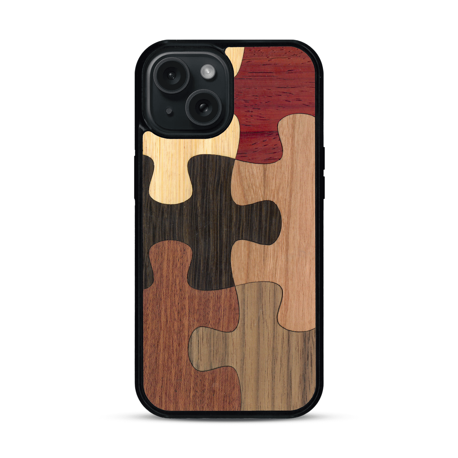 Coque de protection en bois véritable fabriquée en France pour  représentant un puzzle en six pièces qui allie du chêne fumé, du noyer, du bambou, du padouk, du merisier et de l'acajou