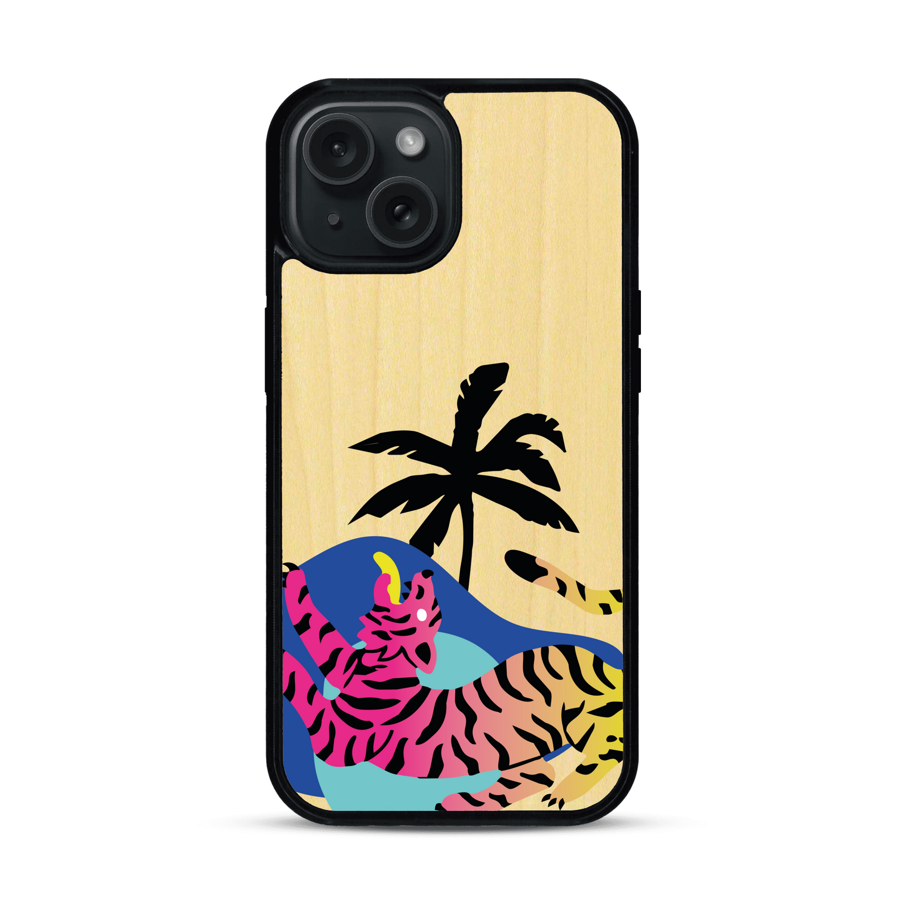 Coque de protection en bois véritable fabriquée en France pour iPhone 15 représentant un tigre coloré avec un design moderne et minimaliste sur le thème de la jungle et de la nature