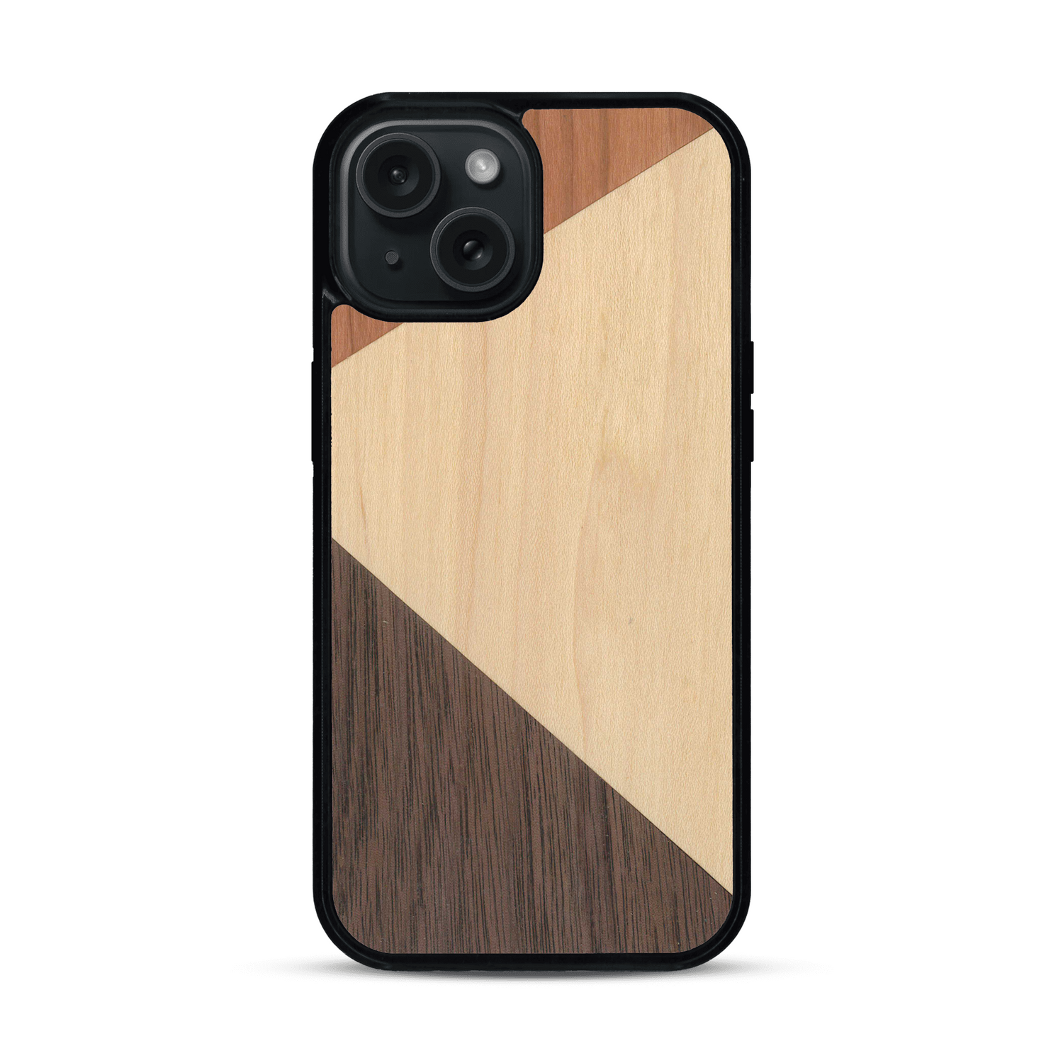 Coque de protection en bois véritable fabriquée en France pour  alliant du merisier, du noyer et du bambou formant chacun deux triangles et un trapèze avec deux jointures en diagonale sur le thème de l'art abstrait