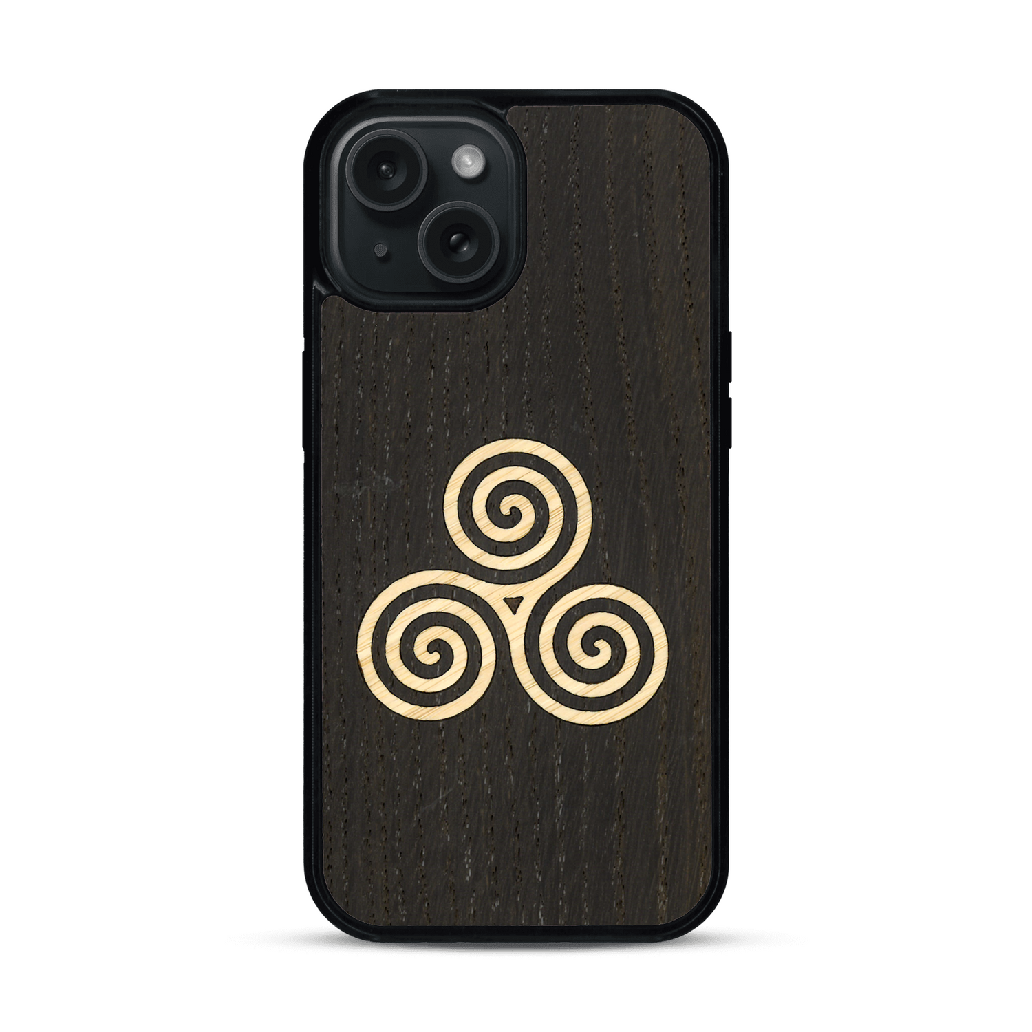 Coque de protection en bois véritable fabriquée en France pour  alliant du chêne fumé et du bambou et doré représentant un triskell