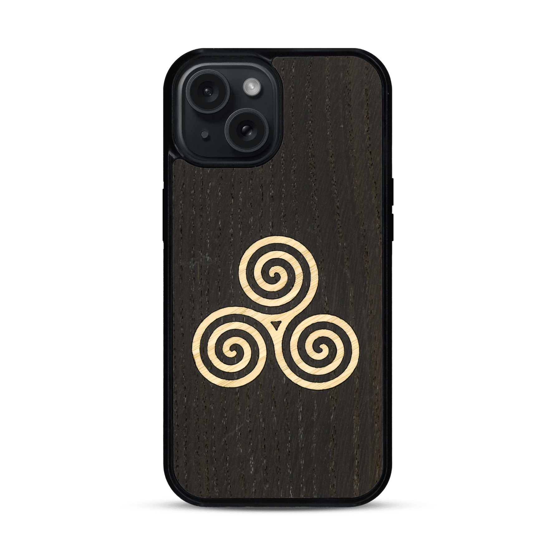 Coque de protection en bois véritable fabriquée en France pour  alliant du chêne fumé et du bambou et doré représentant un triskell