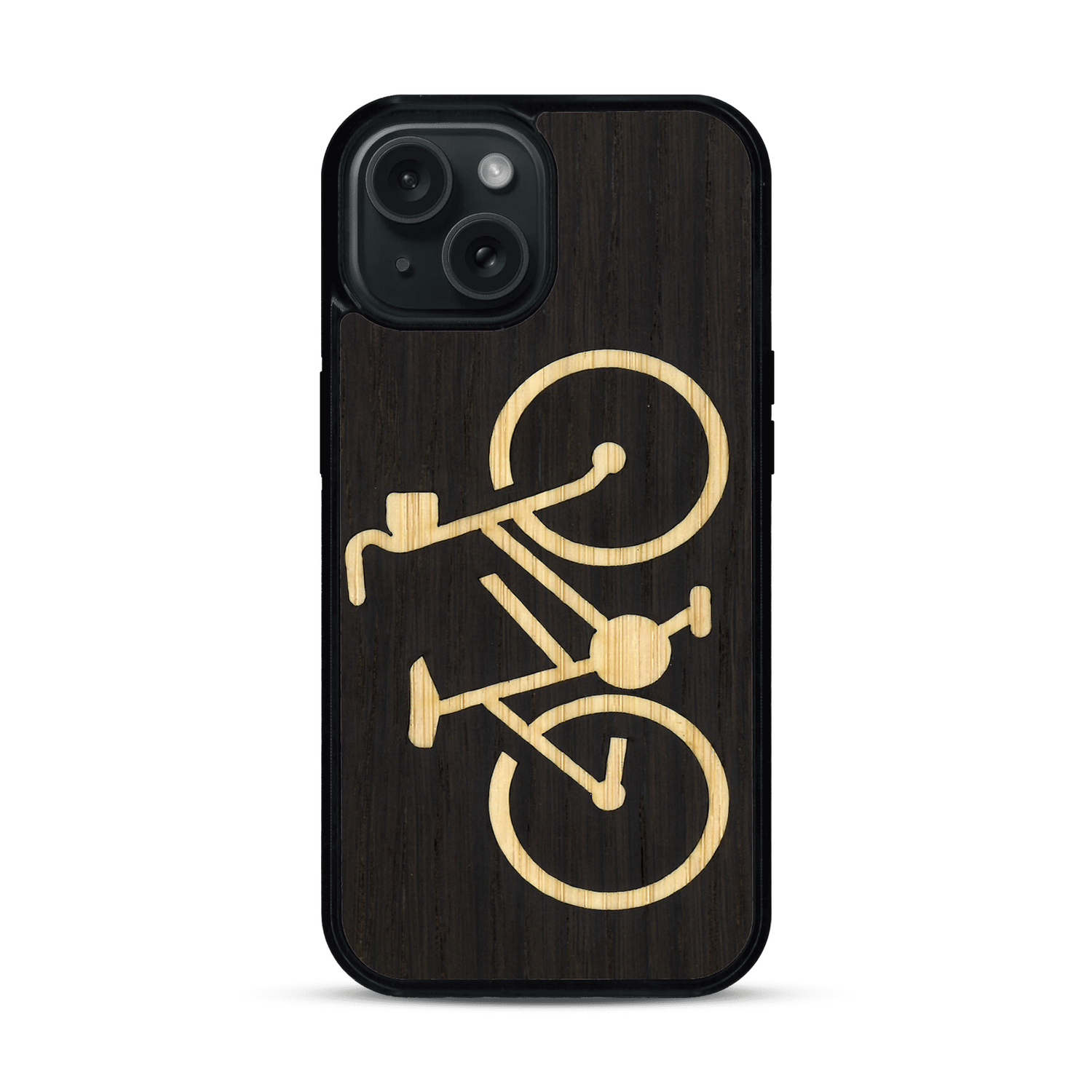 Coque de protection en bois véritable fabriquée en France pour  sur le theme du vélo et de l'outdoor qui allie du bambou et du chêne fumé représentant un vélo