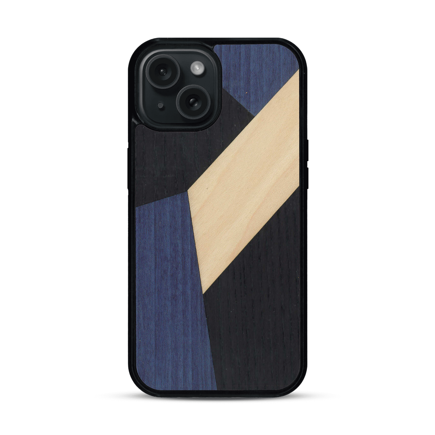 Coque de protection en bois véritable fabriquée en France pour  alliant du bambou, du tulipier bleu et noir en forme de mosaïque minimaliste sur le thème de l'art abstrait