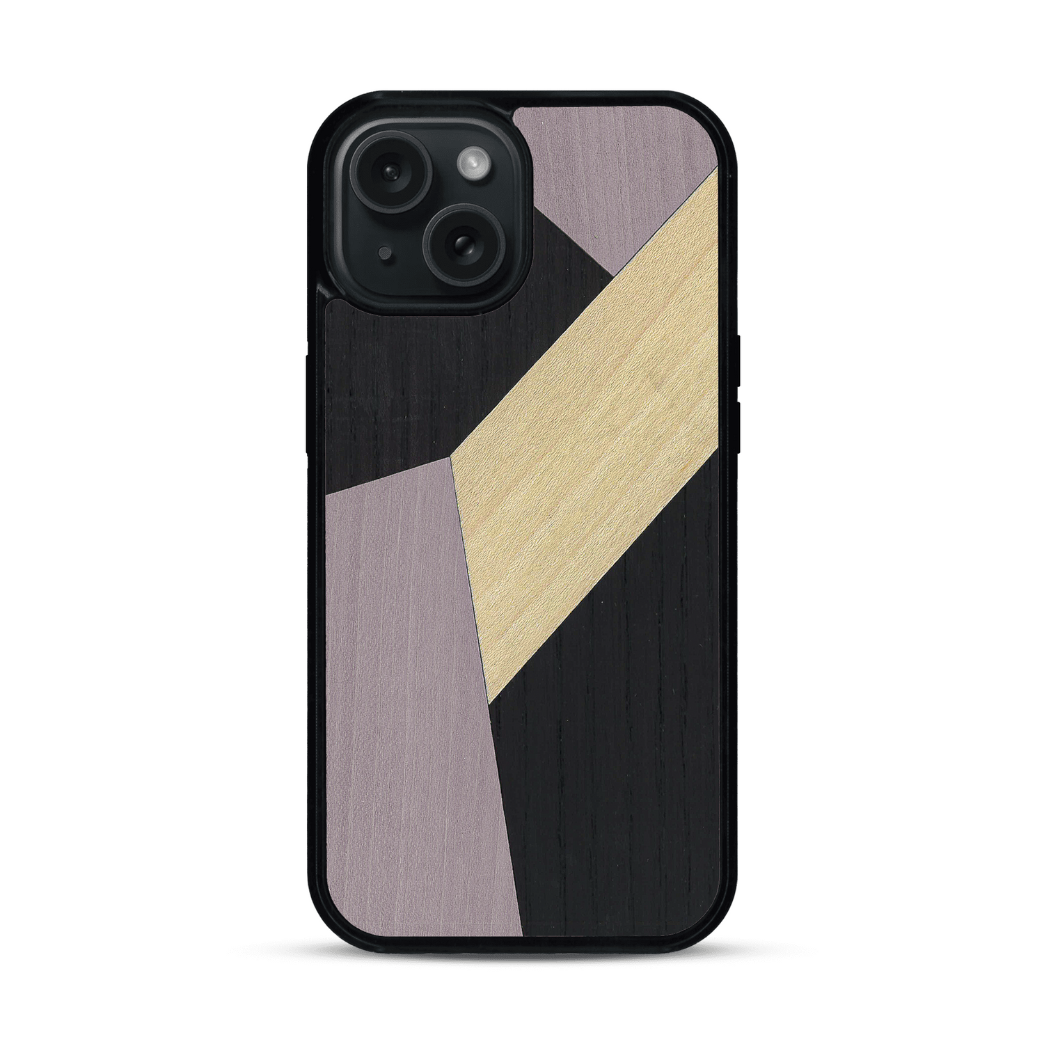 Coque de protection en bois véritable fabriquée en France pour  alliant du bambou, du tulipier mauve et noir en forme de mosaïque minimaliste sur le thème de l'art abstrait