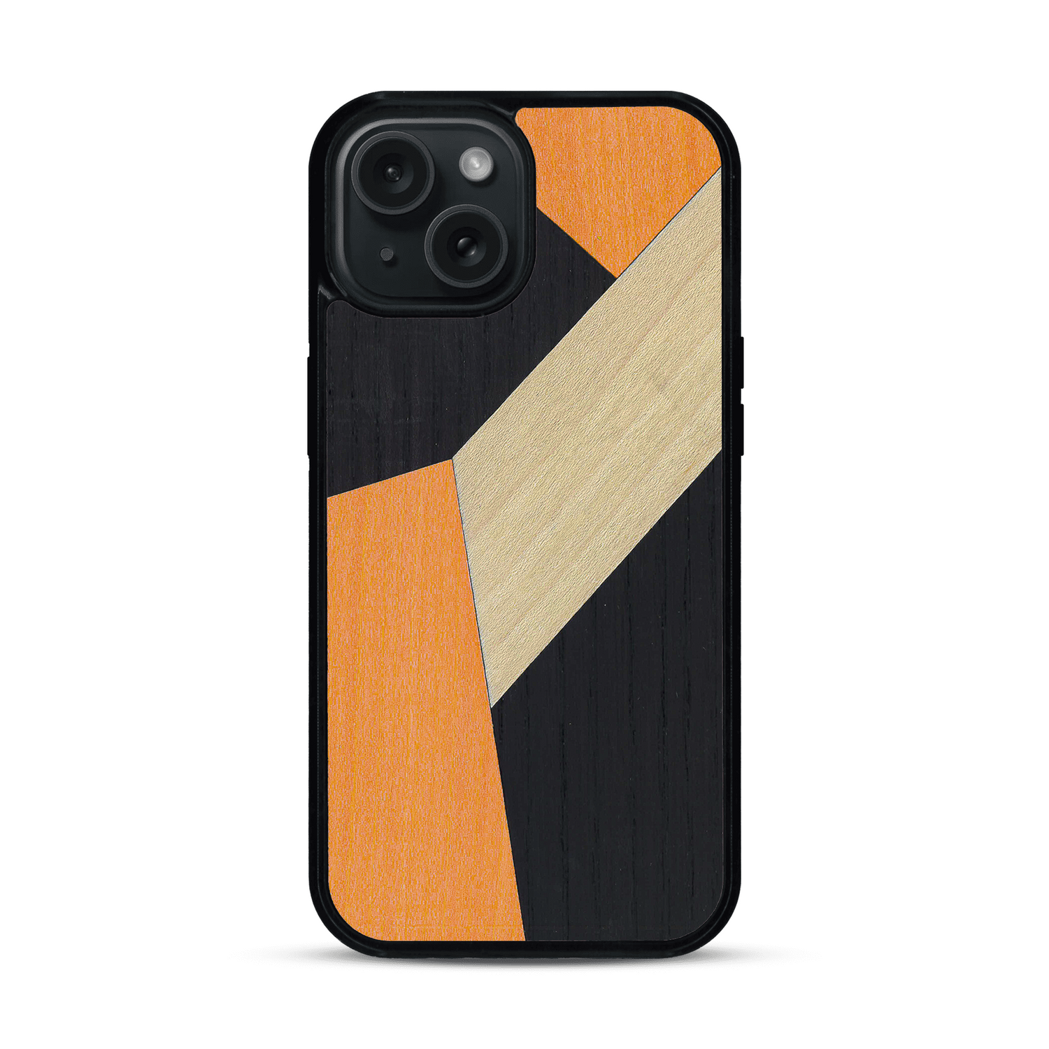 Coque de protection en bois véritable fabriquée en France pour  alliant du bambou, du tulipier orange et noir en forme de mosaïque minimaliste sur le thème de l'art abstrait