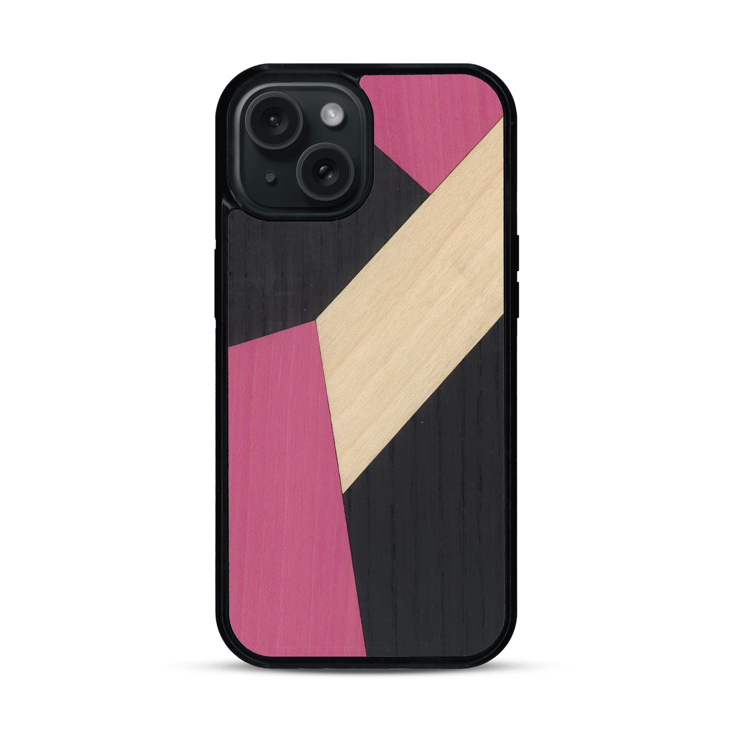 Coque de protection en bois véritable fabriquée en France pour  alliant du bambou, du tulipier rose et noir en forme de mosaïque minimaliste sur le thème de l'art abstrait