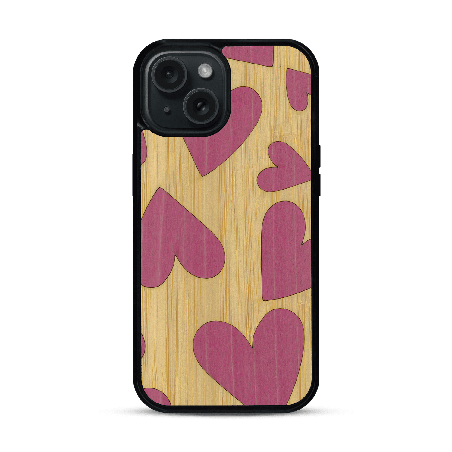 Coque de protection en bois véritable fabriquée en France pour  alliant plusieurs essences de bois pour représenter des coeurs pour les amoureux
