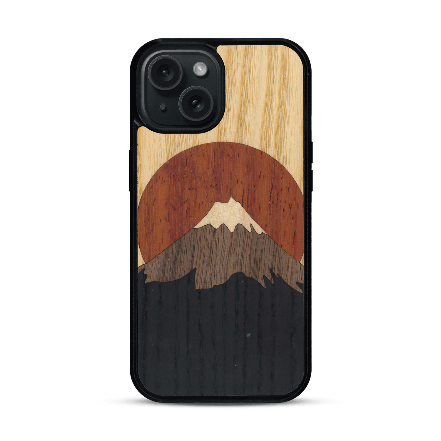 Coque de protection en bois véritable fabriquée en France pour  alliant plusieurs essences de bois pour représenter le mont Fuji