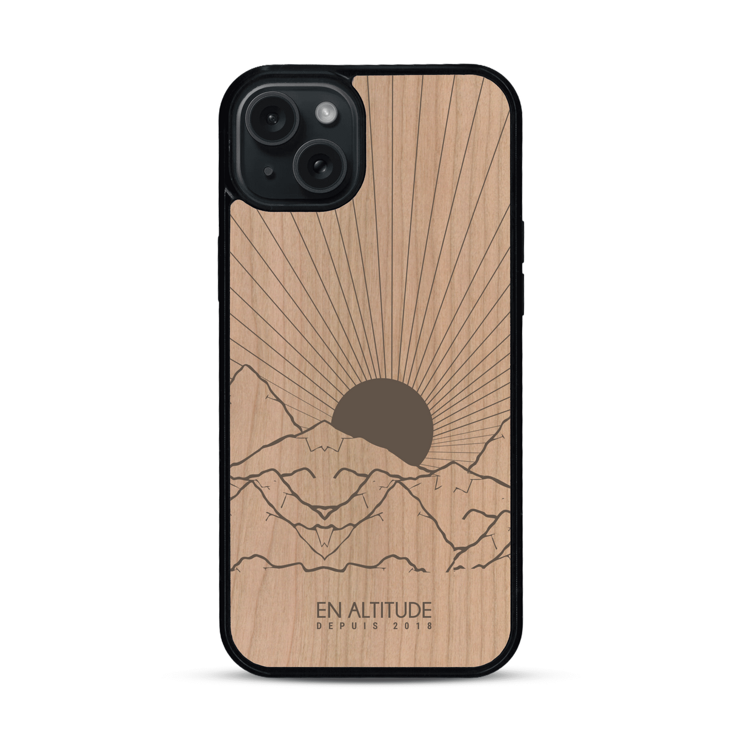 Coque de protection en bois véritable fabriquée en France pour  représentant des montagnes, sur le thème de la randonnée en pleine nature et du trail
