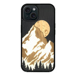 Coque de protection en bois véritable fabriquée en France pour iPhone 15 Plus alliant plusieurs essences de bois pour représenter le mont Everest
