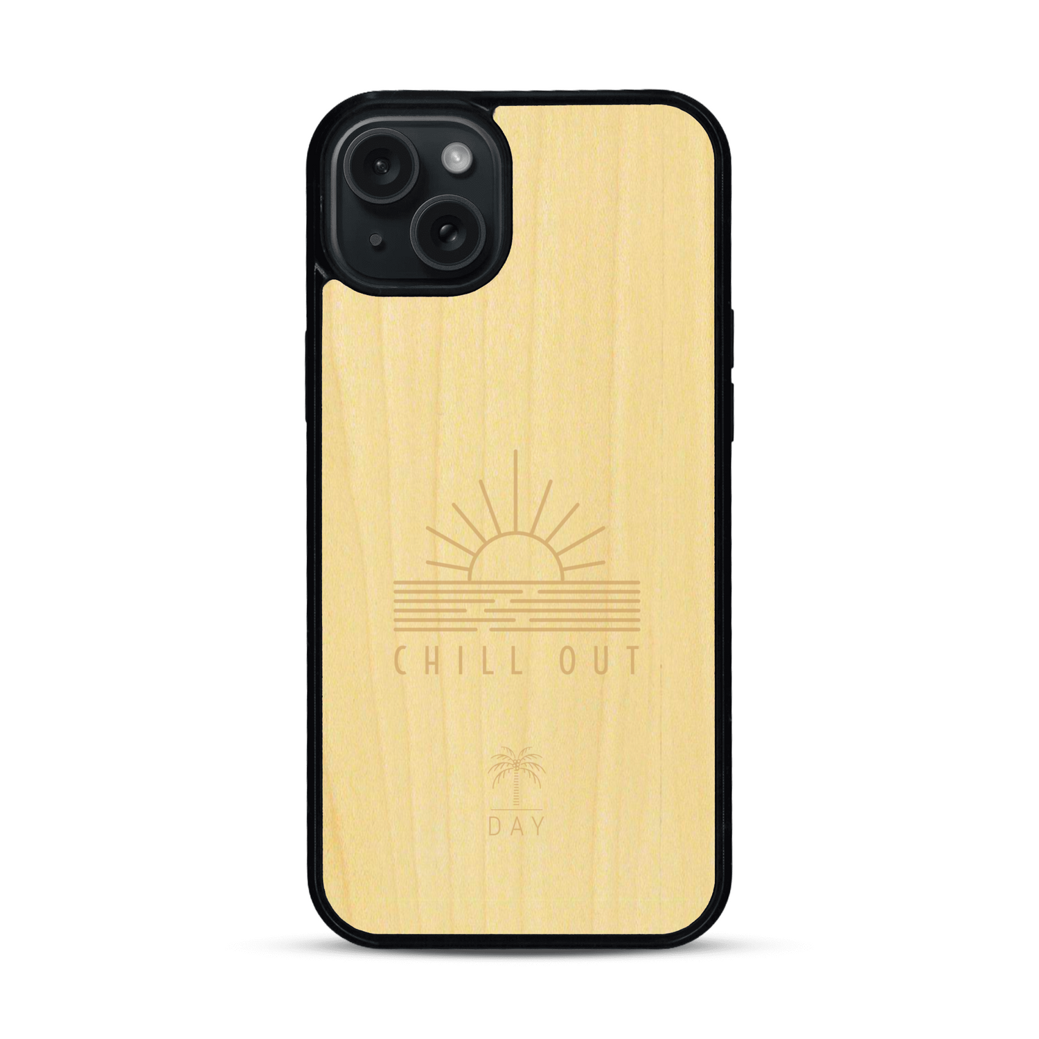 Coque de protection en bois véritable fabriquée en France pour  sur le thème chill avec un motif représentant un couché de soleil sur l'océan et la phrase "Chill out"