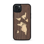 Coque de protection en bois véritable fabriquée en France pour  alliant du bambou et du noyer sur le thème du voyage et de l'aventure représentant une mappemonde