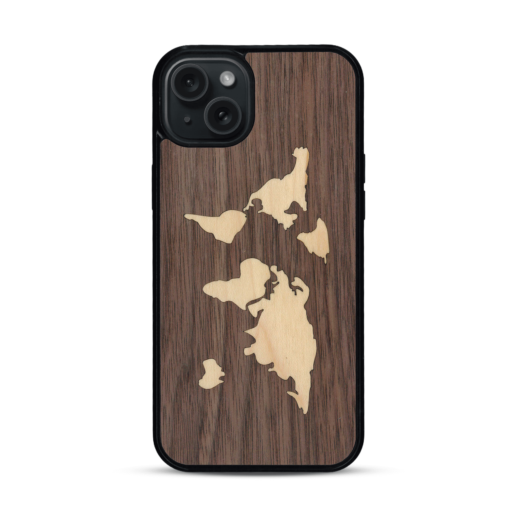 Coque de protection en bois véritable fabriquée en France pour  alliant du bambou et du noyer sur le thème du voyage et de l'aventure représentant une mappemonde