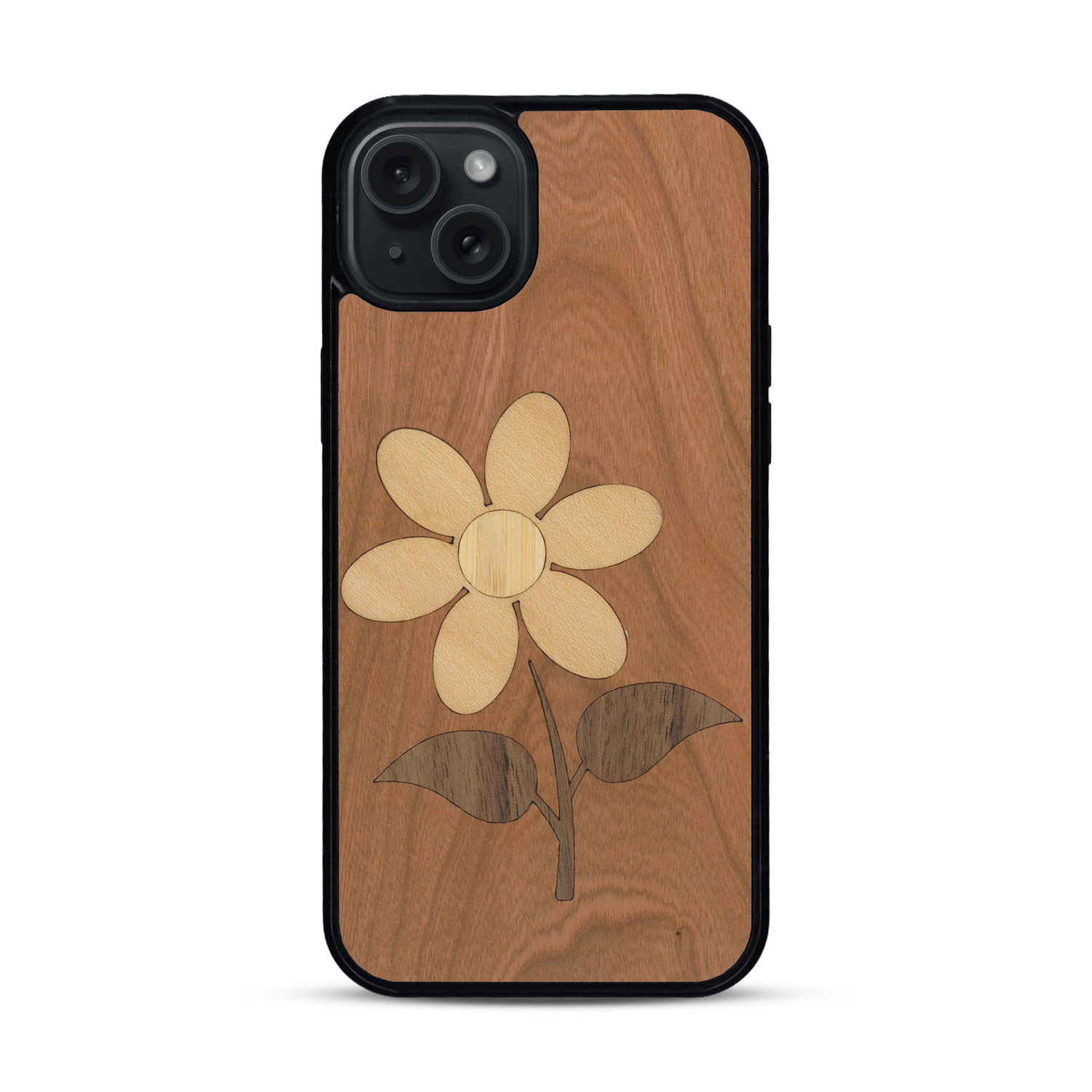 Coque de protection en bois véritable fabriquée en France pour  alliant plusieurs essences de bois pour représenter une marguerite