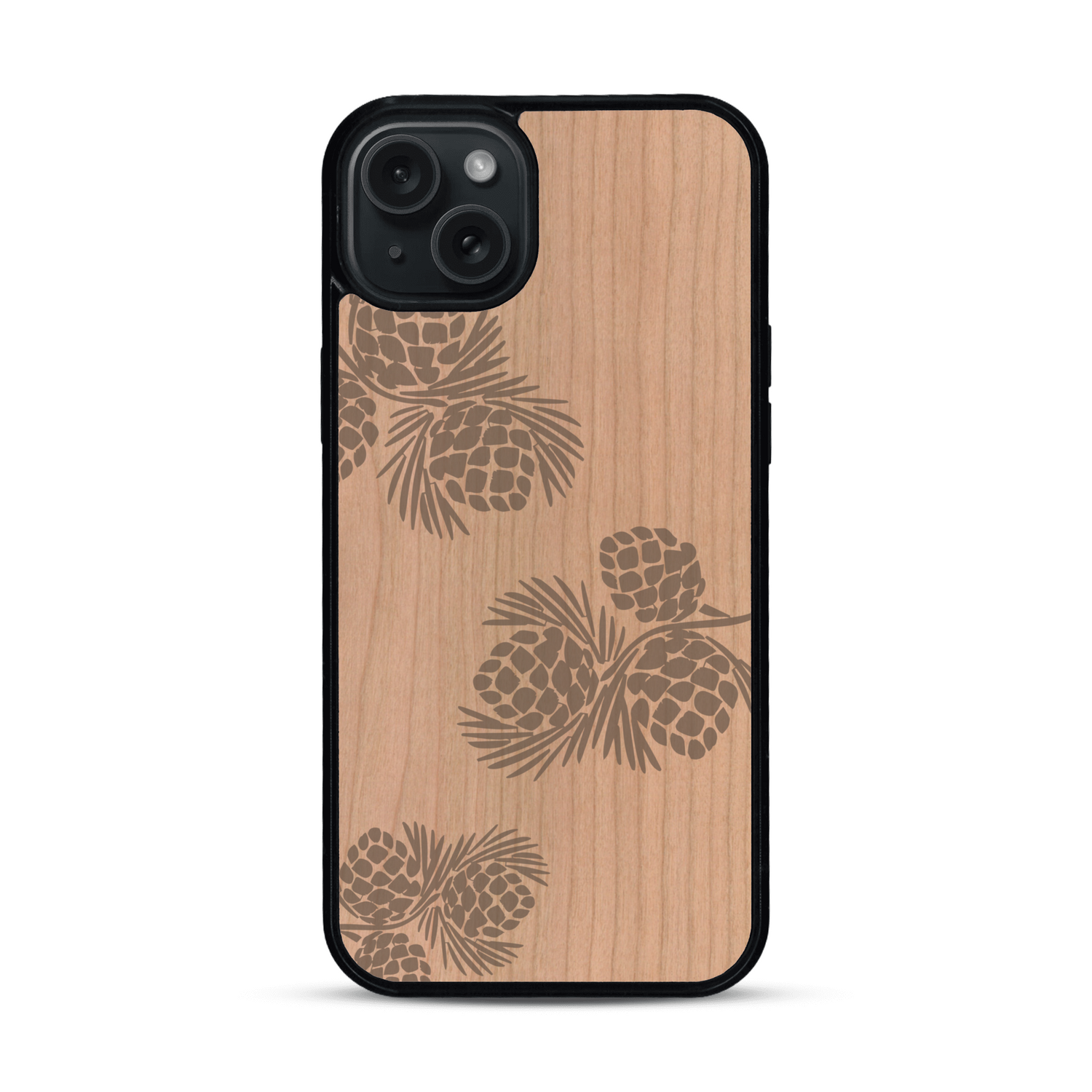 Coque de protection en bois véritable fabriquée en France pour  sur le thème de la nature des arbres avec un motif de gravure représentant des épines de sapin et des pommes de pin