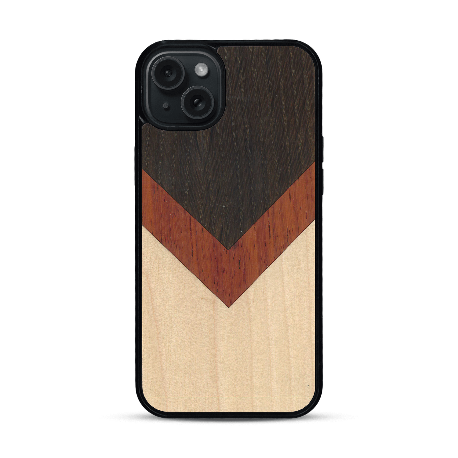 Coque de protection en bois véritable fabriquée en France pour  alliant du chêne fumé, du padouk et du bambou en forme de chevron sur le thème de l'art abstrait