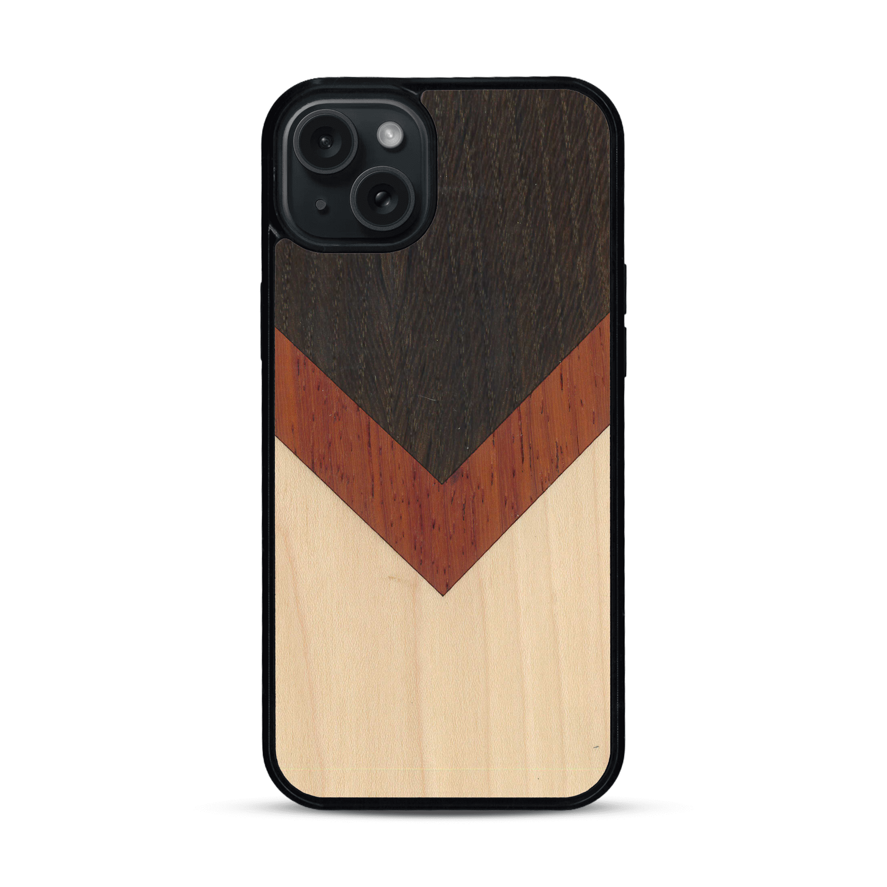 Coque de protection en bois véritable fabriquée en France pour  alliant du chêne fumé, du padouk et du bambou en forme de chevron sur le thème de l'art abstrait