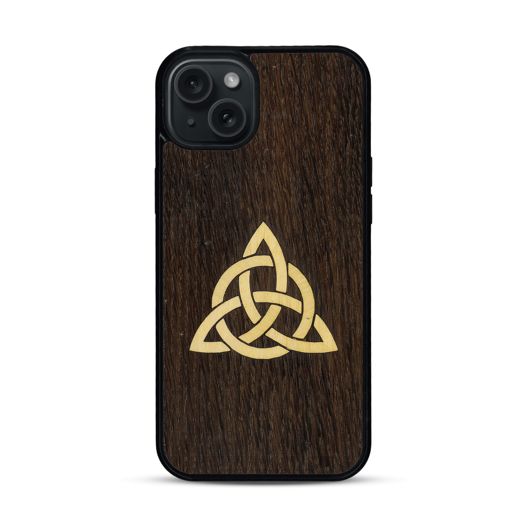 Coque de protection en bois véritable fabriquée en France pour  alliant du chêne fumé et du bambou représentant une triquetra