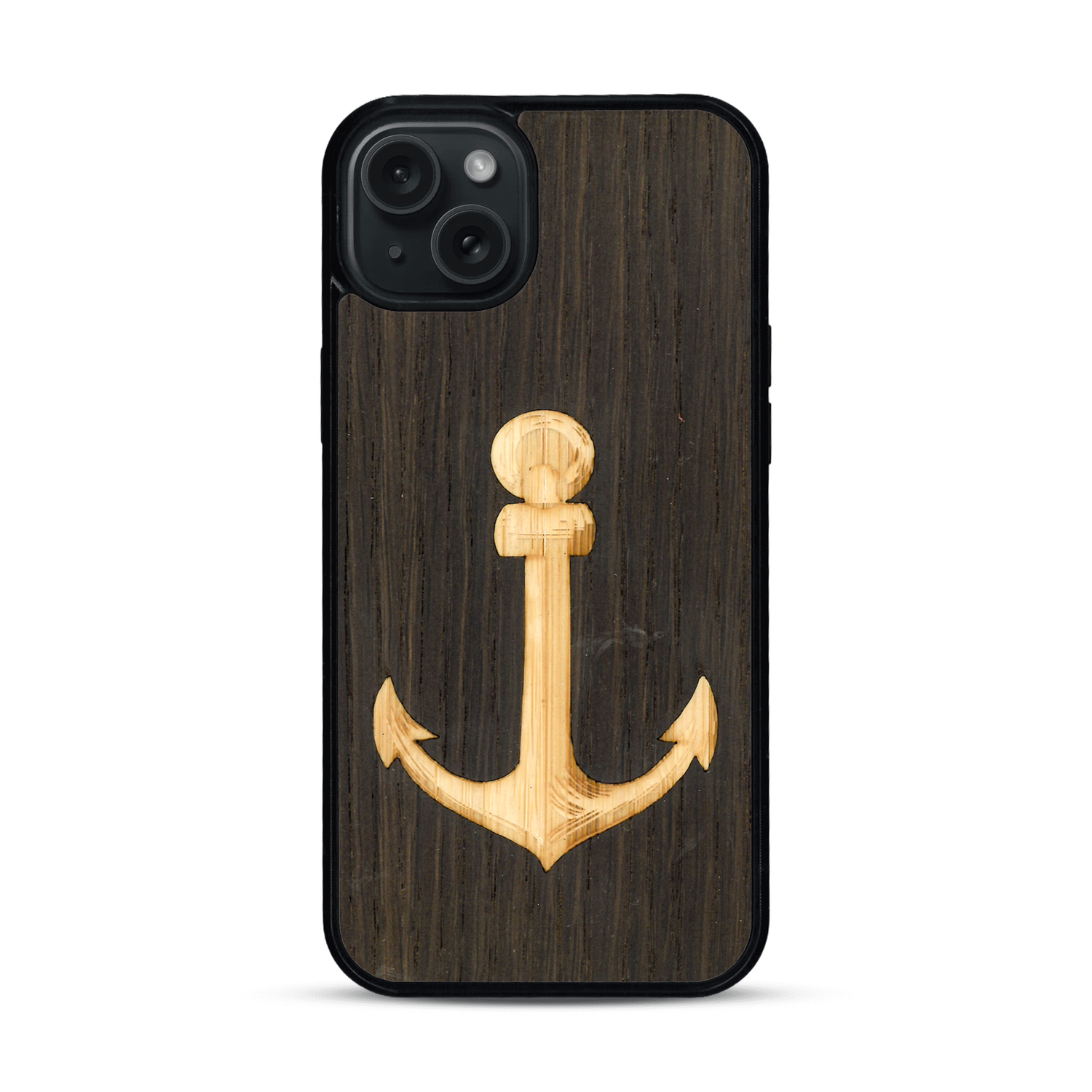Coque de protection en bois véritable fabriquée en France pour  sur le thème nautique avec un bois clair et un bois foncé représentant une ancre de bateau