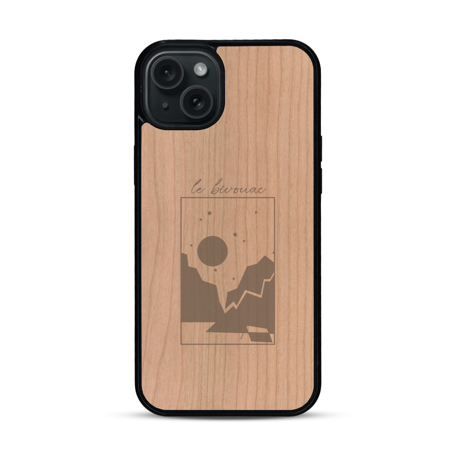 Coque de protection en bois véritable fabriquée en France pour  sur le thème du camping en pleine nature et du bivouac avec la phrase "Aventure is out there"