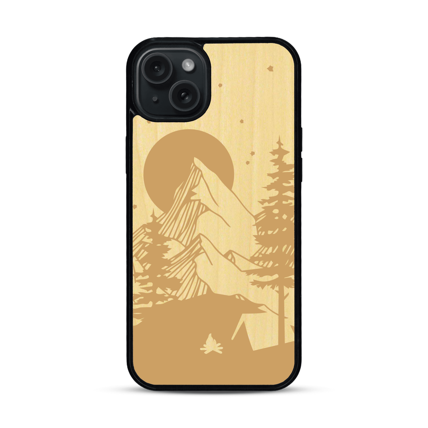 Coque de protection en bois véritable fabriquée en France pour  sur le thème du camping en pleine nature représentant une tente avec un feu de camp entouré de montagnes