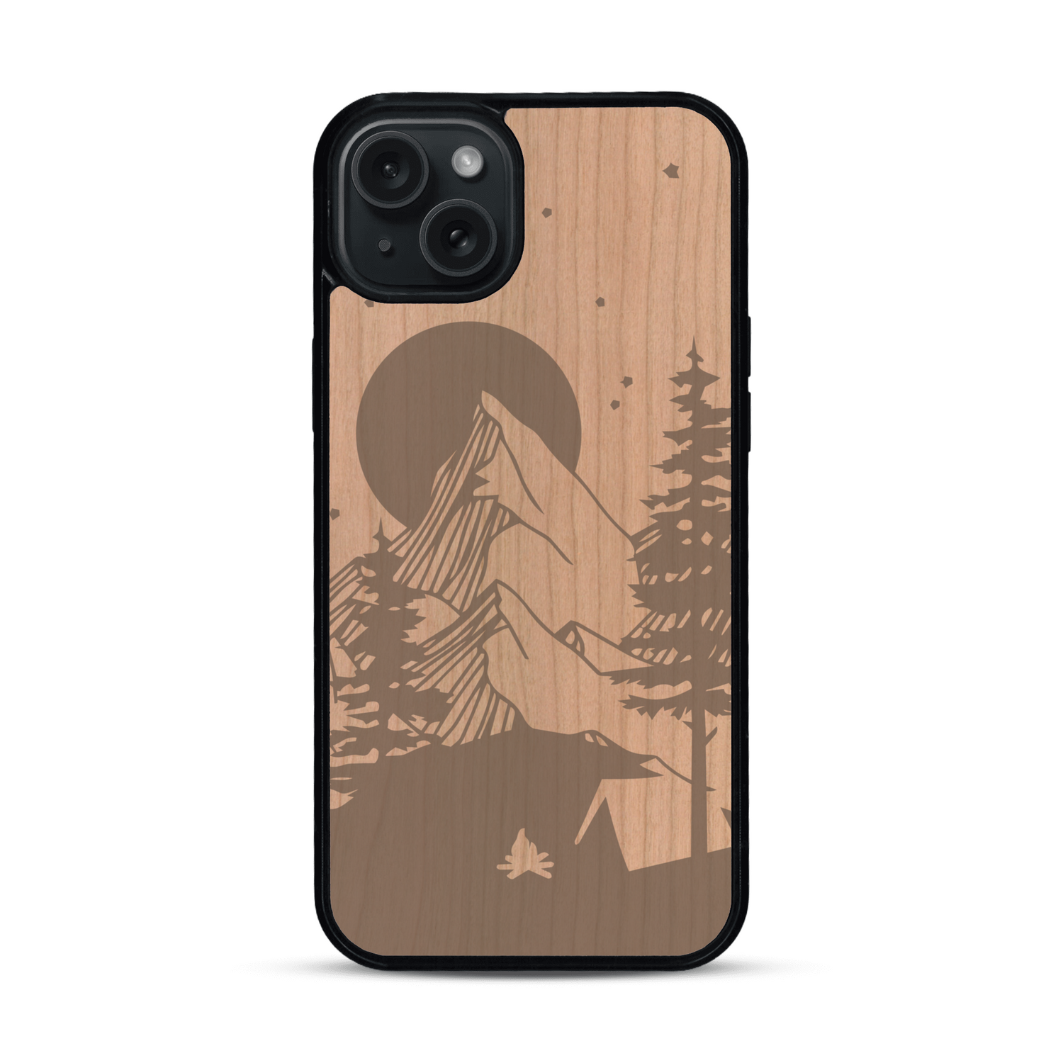 Coque de protection en bois véritable fabriquée en France pour  sur le thème du camping en pleine nature représentant une tente avec un feu de camp entouré de montagnes