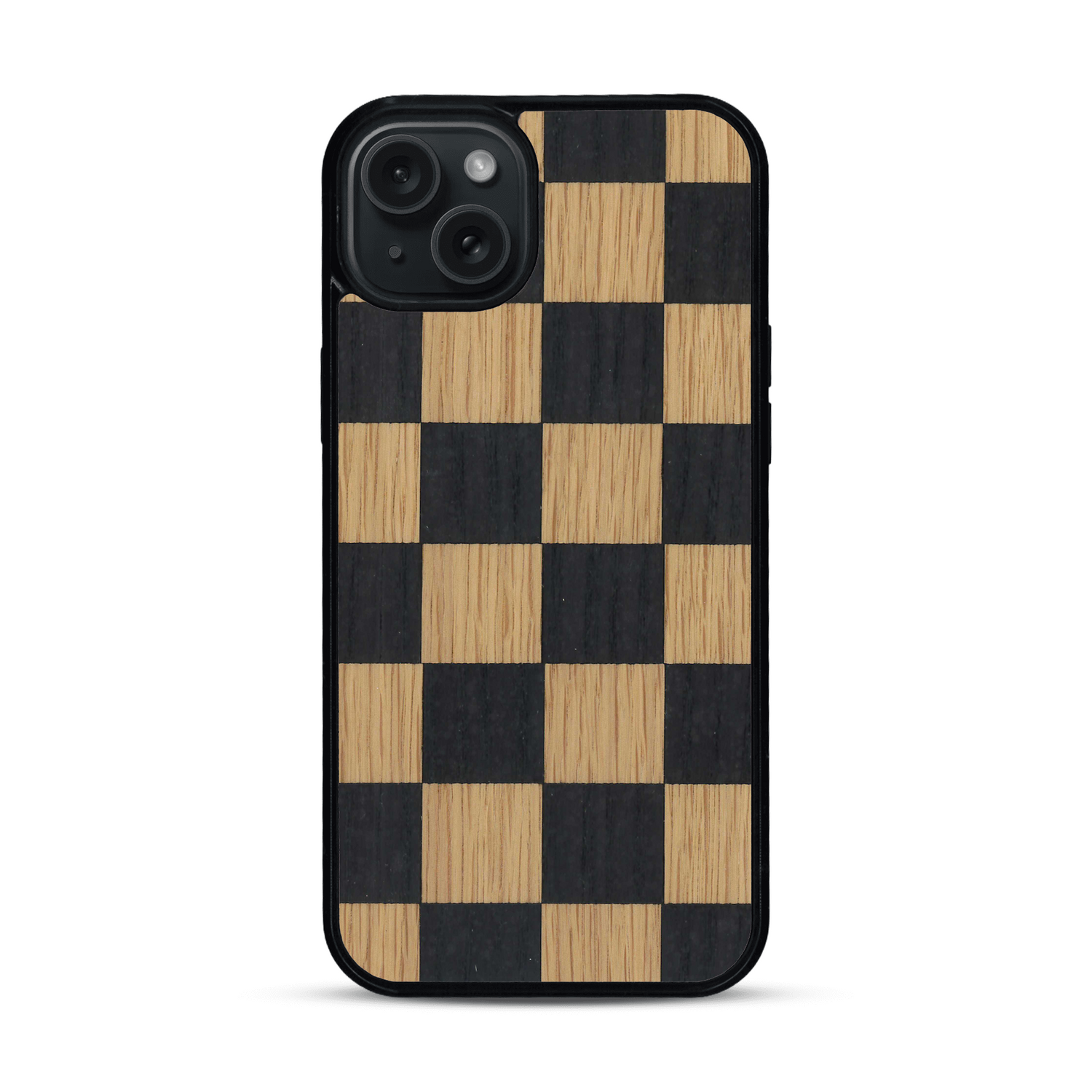 Coque de protection en bois véritable fabriquée en France pour  alliant plusieurs essences de bois pour représenter un damier