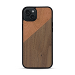 Coque de protection en bois véritable fabriquée en France pour  alliant du merisier et du noyer formant chacun un triangle avec une jointure en diagonale sur le thème de l'art abstrait