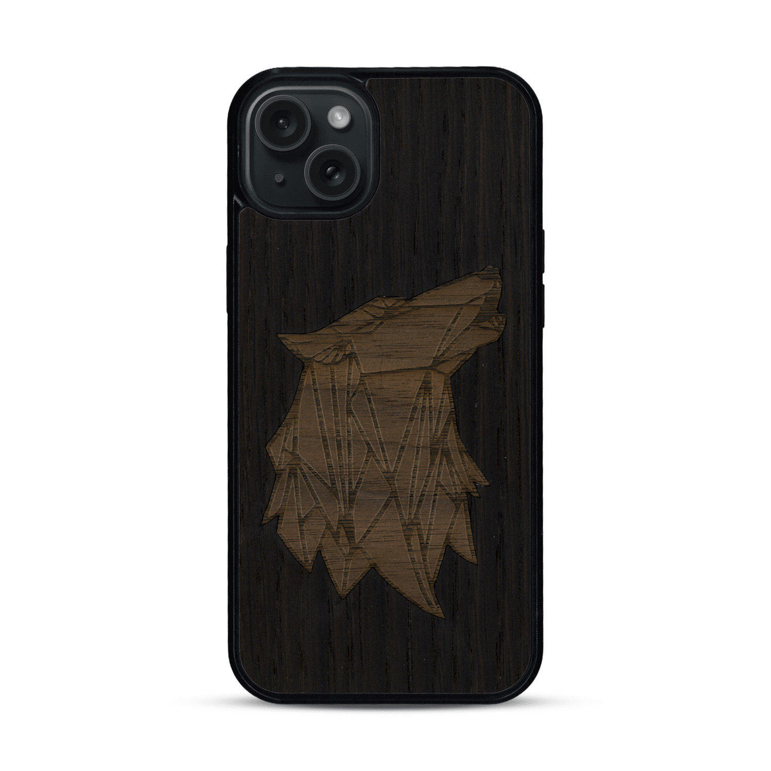 Coque de protection en bois véritable fabriquée en France pour  alliant du chêne fumé et du noyer représentant une tête de loup géométrique de profil sur le thème des animaux et de la nature