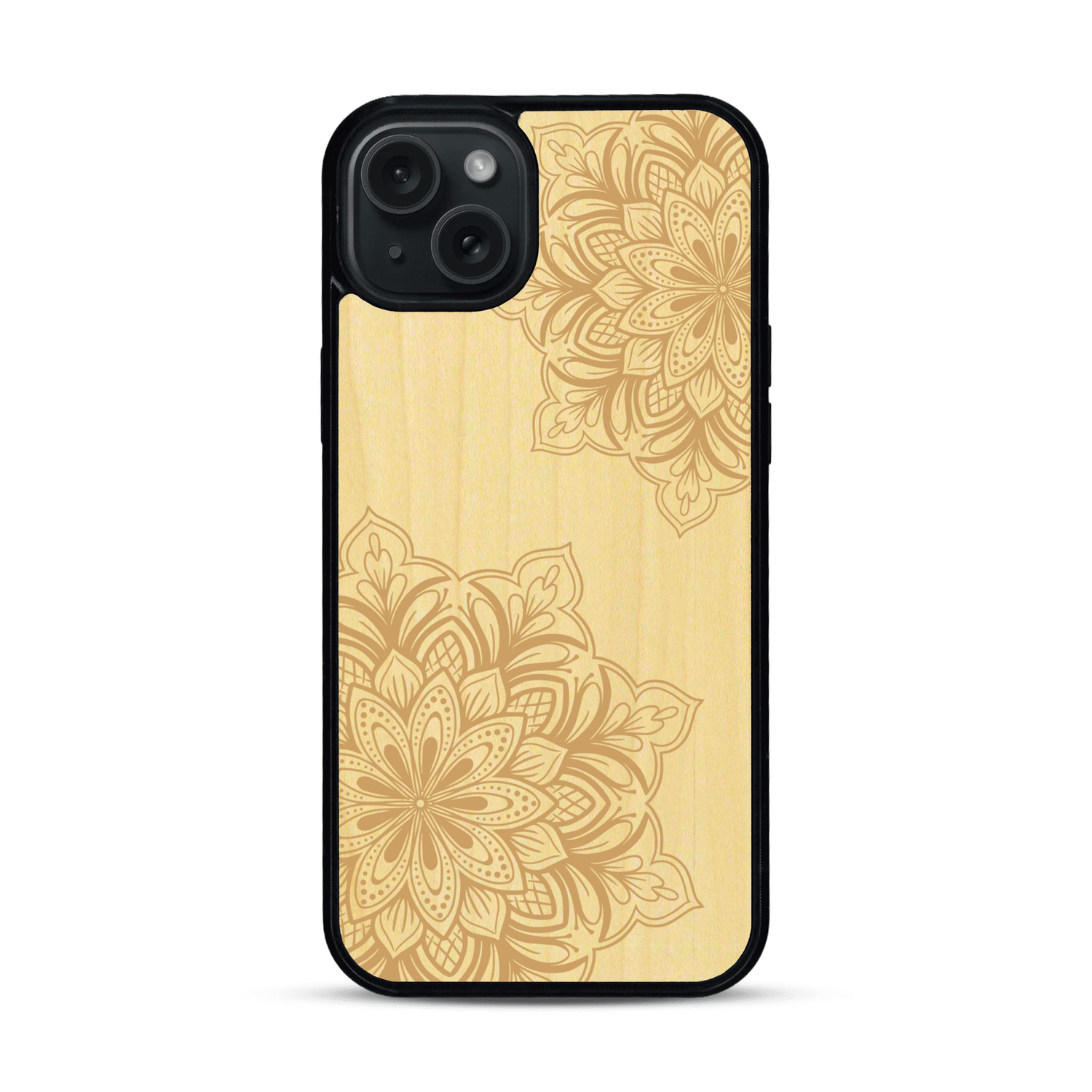 Coque de protection en bois véritable fabriquée en France pour  sur le thème de la bohème et du tatouage au henné avec une gravure représentant un mandala