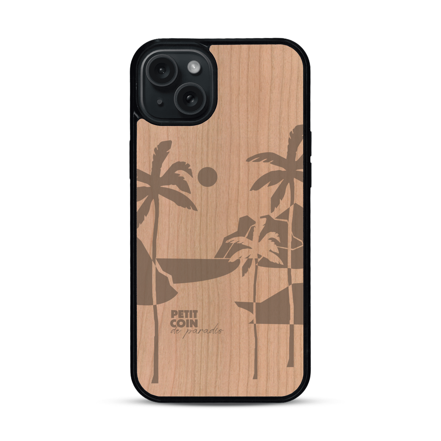 Coque de protection en bois véritable fabriquée en France pour  sur le thème des voyages en vans, vanlife et chill avec une gravure représentant un van vw combi devant le soleil couchant sur une plage avec des vagues
