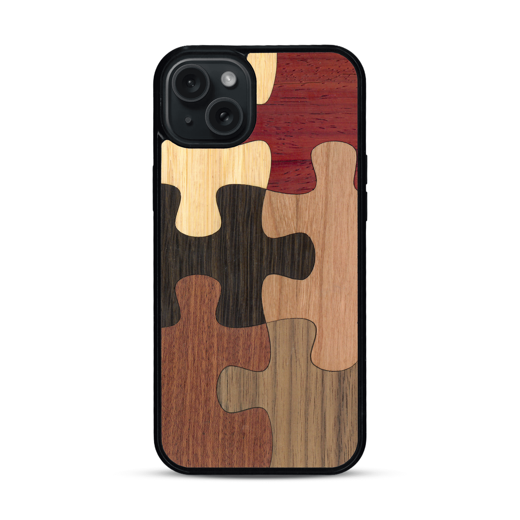 Coque de protection en bois véritable fabriquée en France pour  représentant un puzzle en six pièces qui allie du chêne fumé, du noyer, du bambou, du padouk, du merisier et de l'acajou