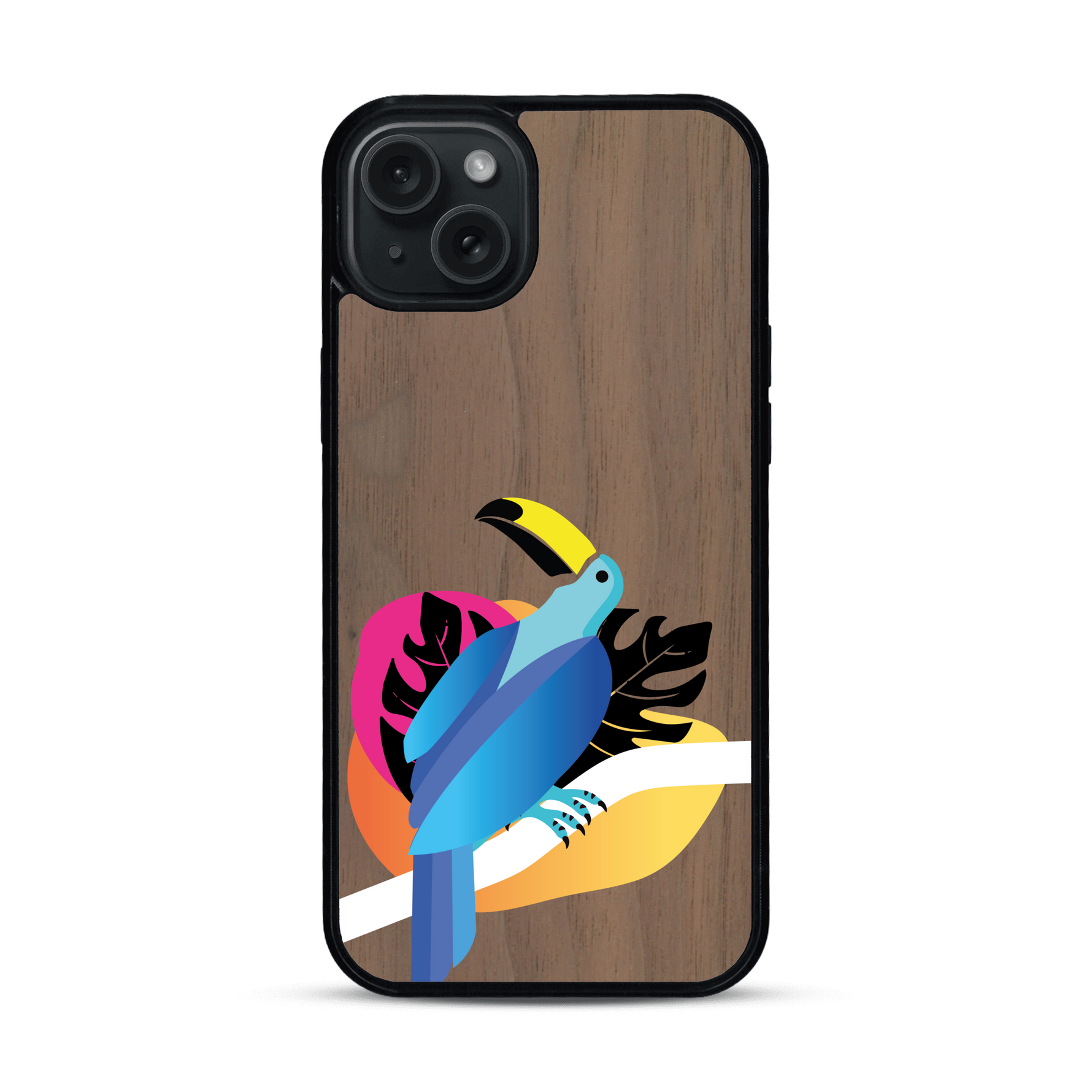Coque de protection en bois véritable fabriquée en France pour iPhone 15 Plus représentant un toucan coloré avec un design moderne et minimaliste sur le thème de la jungle et de la nature