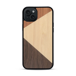 Coque de protection en bois véritable fabriquée en France pour  alliant du merisier, du noyer et du bambou formant chacun deux triangles et un trapèze avec deux jointures en diagonale sur le thème de l'art abstrait