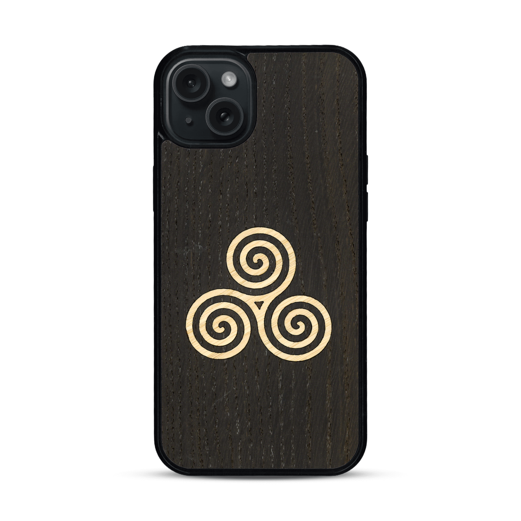 Coque de protection en bois véritable fabriquée en France pour  alliant du chêne fumé et du bambou et doré représentant un triskell